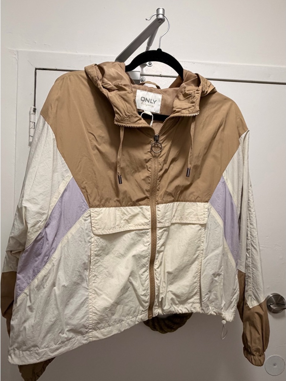ONLY Tan, Cream & Lavender Colorblock Hooded Windbreaker